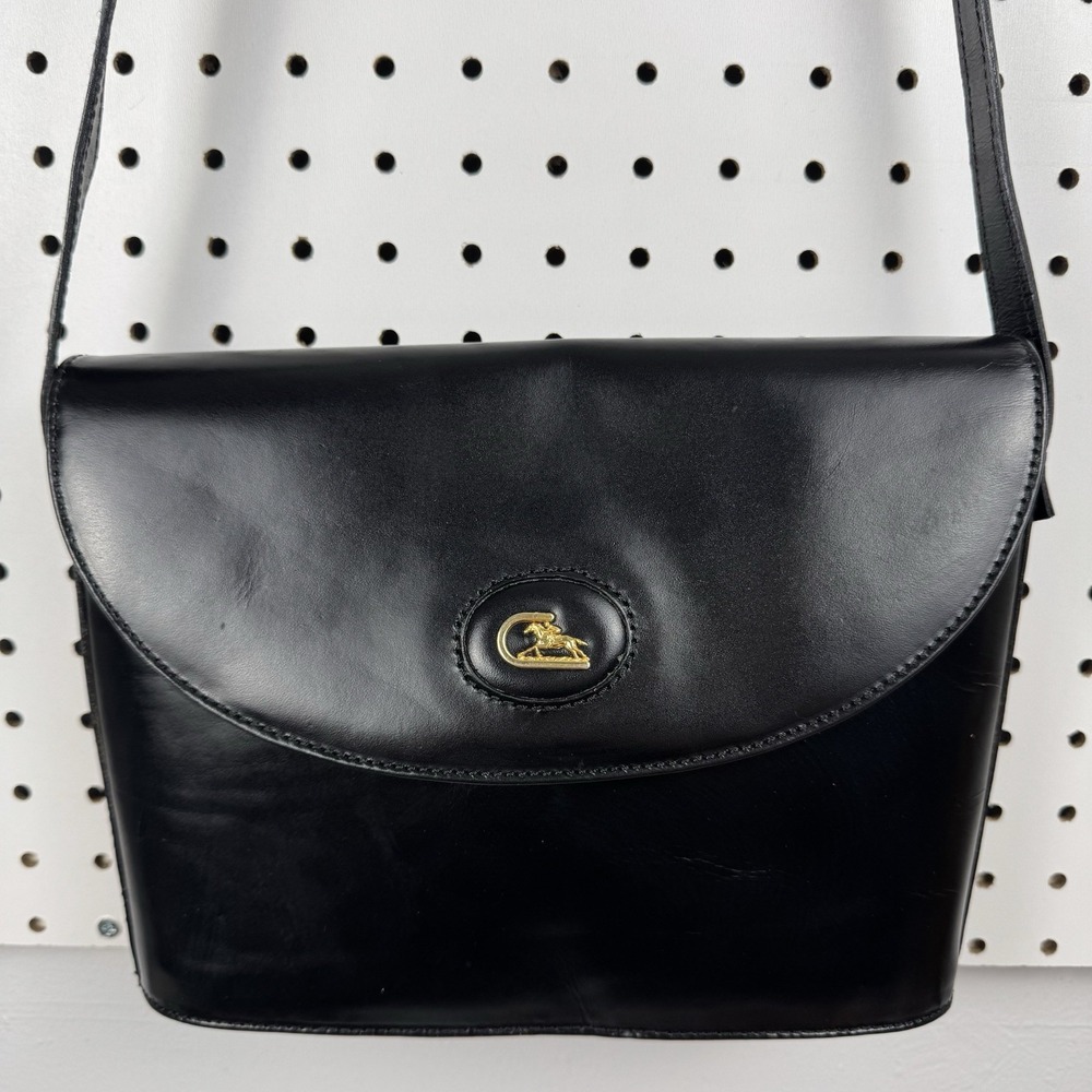 Vintage Cristian Made In Italy Genuine Leather‎ Equestrian Crossbody Black Bag